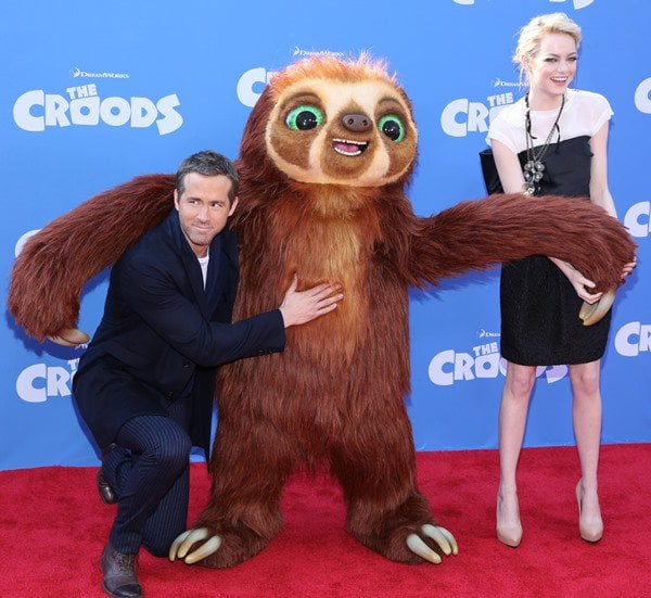 Emma Stone voices Eep Crood and Ryan Reynolds lends his voice to Guy in the 2013 American computer-animated adventure comedy film The Croods