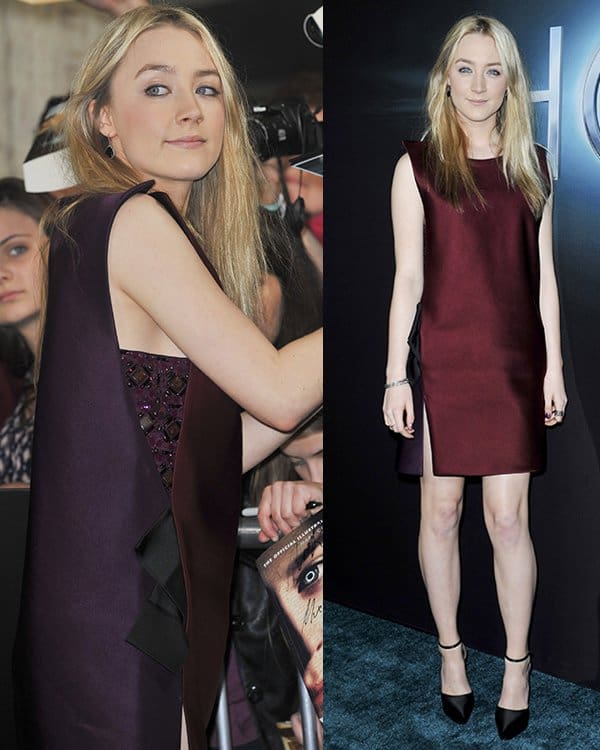 Saoirse Ronan shows how to style a chic burgundy shift dress with sleek black d'Orsay pumps and minimal accessories for an effortlessly sophisticated look