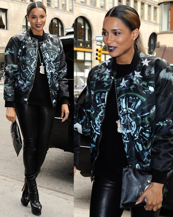 Ciara showcases her fashion-forward style in a reversible Givenchy bomber jacket at Music Choice's SWRV TV Network in NYC, March 21, 2013