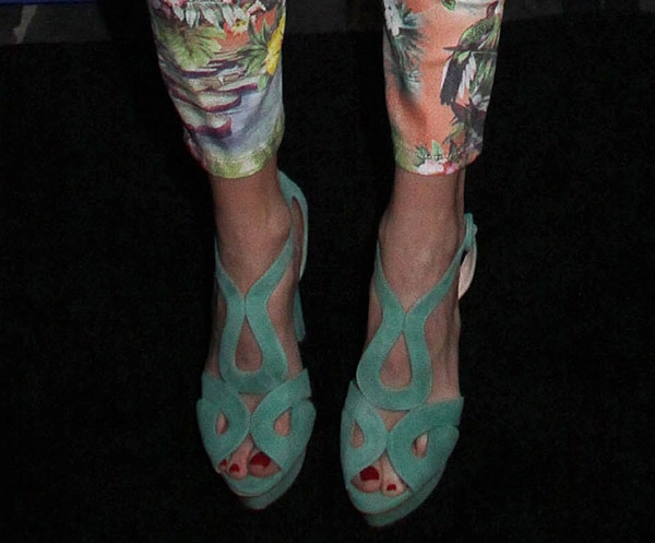 Stephanie Pratt styled her pants with turquoise suede platform sandals