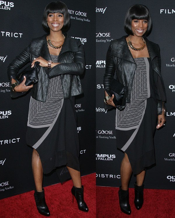 Tasha Smith matches her black hair to a black ensemble at the Los Angeles premiere of "Olympus Has Fallen"