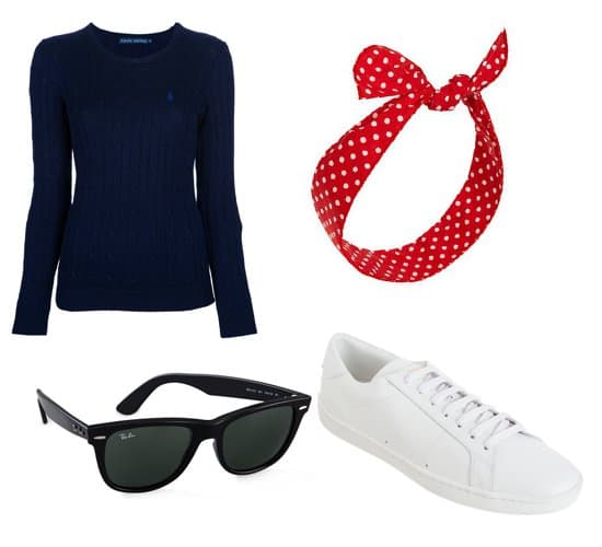 Capture Taylor Swift's iconic retro style with a curated ensemble featuring a Ralph Lauren blue classic cable knit sweater, vibrant red 'Through the Wire' headbands, chic 'Outsiders' oversized Wayfarer sunglasses, and luxurious Saint Laurent low top sneakers