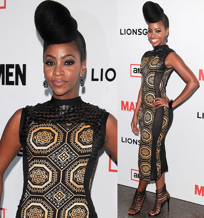 Teyonah Parris wears an intricate gold-patterned dress for the "Mad Men" Season 6 premiere held March 20, 2023 at the DGA Theater in Los Angeles