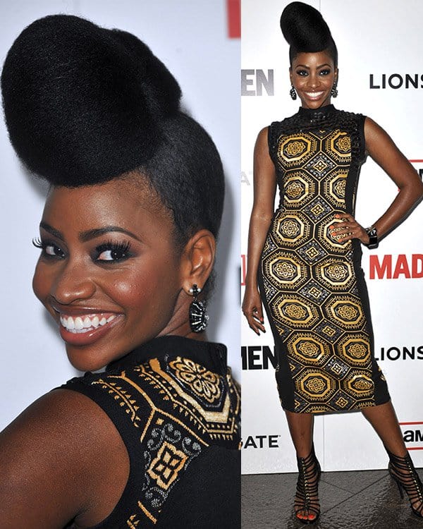 Teyonah Parris opted for a sophisticated black J. Loren high-neck dress adorned with intricate gold embroidered details at the sixth season premiere of the hit series ‘Mad Men’