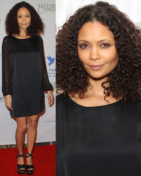 Thandiwe Newton wears a black shift dress to the Cinema for Peace Foundation's Gala for Humanity