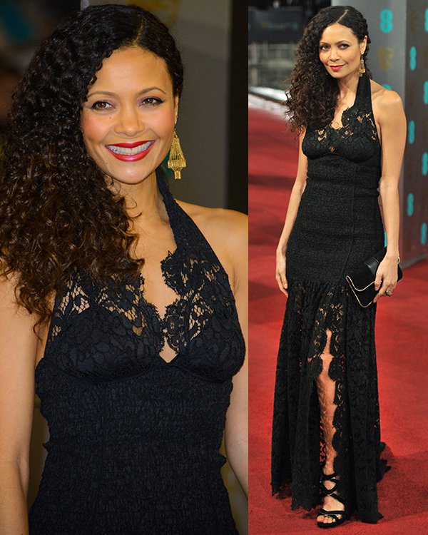 Thandie Newton wears a black lace gown to the 2013 EE British Academy Film Awards