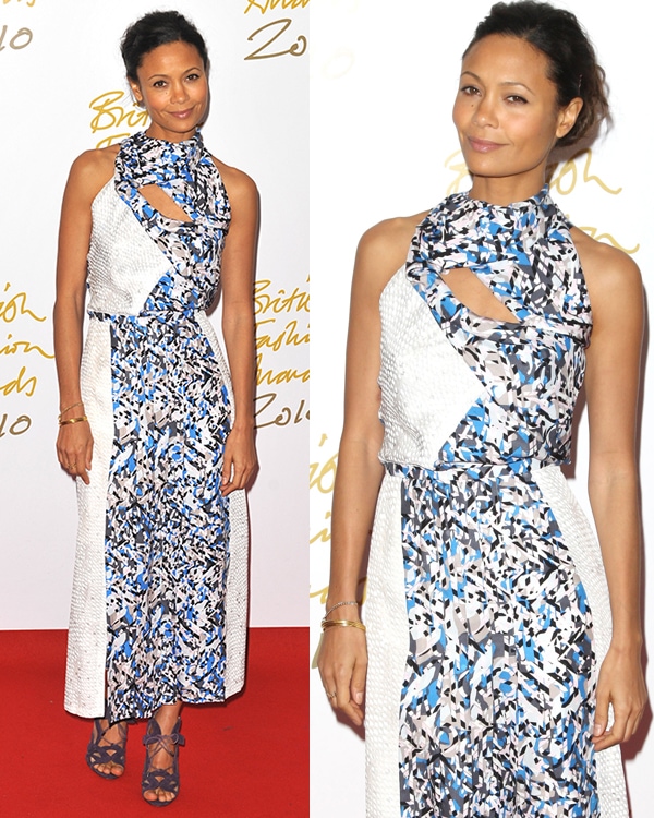 Thandie Newton wears a blue-and-white dress to the British Fashion Awards