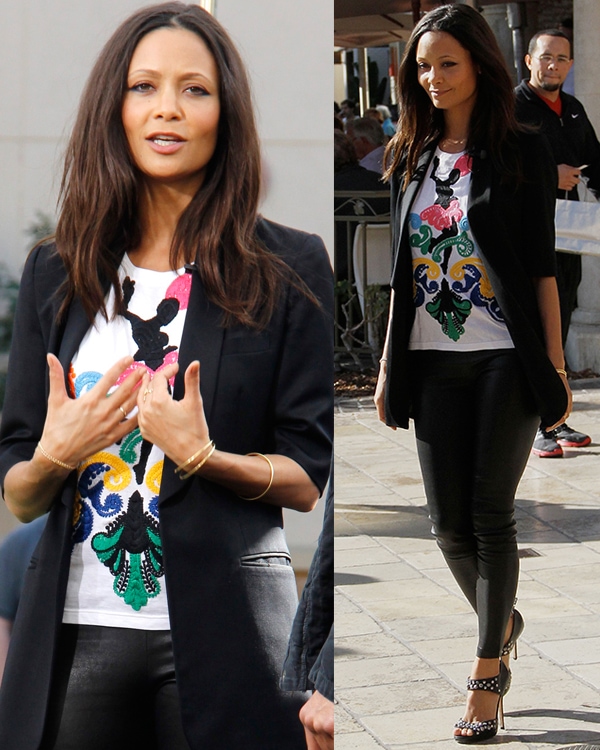 Thandie Newton goes for a colorful business casual ensemble as she arrives at The Grove for an appearance on "Extra"