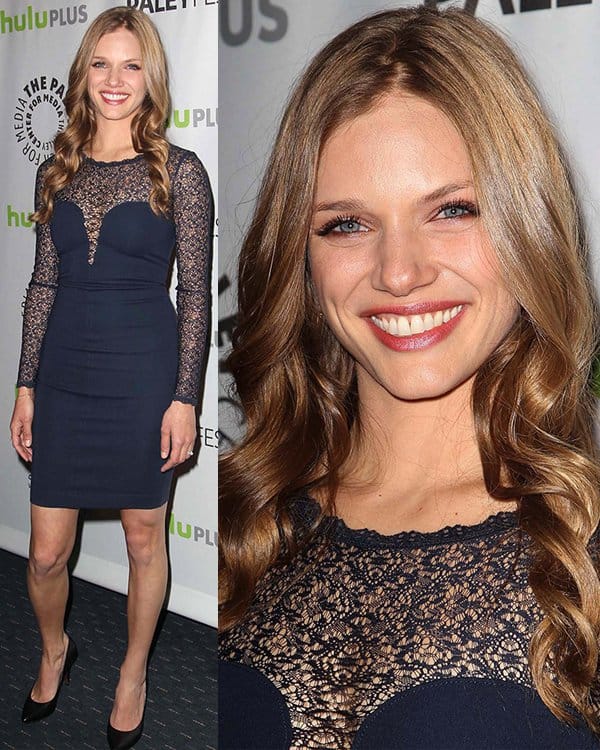 Tracy Spiridakos opted for a laced jersey dress designed by French Connection, showcasing a body-con silhouette and adorned with long sleeves at The Paley Center For Media's PaleyFest 2013