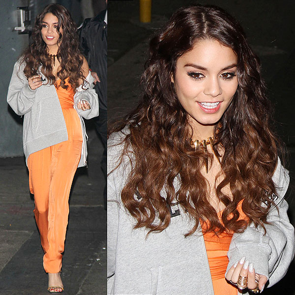 Vanessa Hudgens styled her Giuseppe Zanotti sandals with a Catherine Malandrino strapless silk jumpsuit in orange