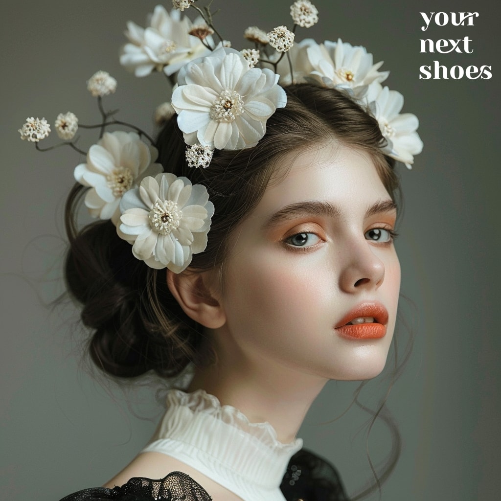 A portrait of a young woman with a serene expression, adorned with elegant white floral hair accessories, capturing a timeless beauty