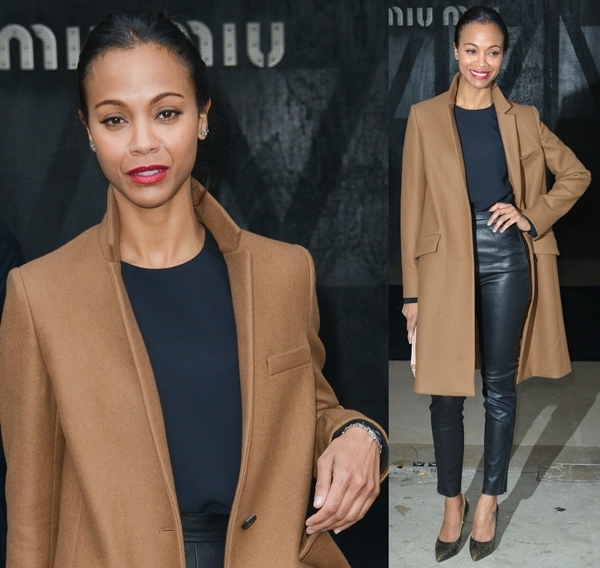 Zoe Saldana wore a coat with a navy long-sleeved top paired with high-waisted ankle-zip leather pants to attend the Miu Miu Fall/Winter 2013 Ready-to-Wear show