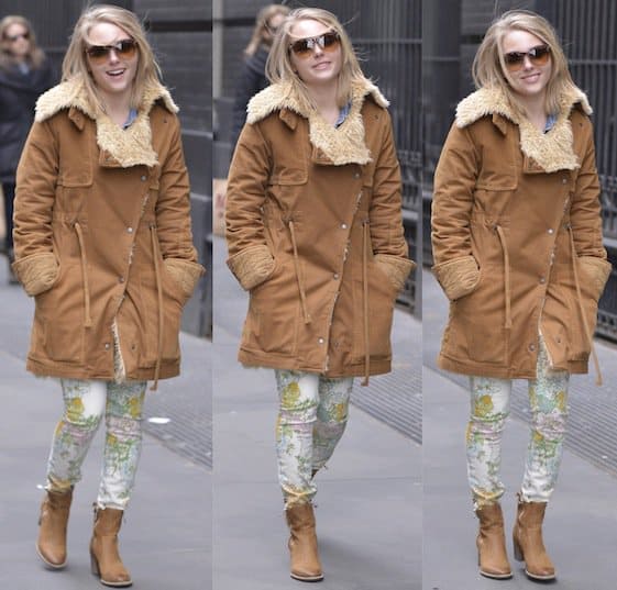AnnaSophia Robb perfectly blends comfort and style, sporting a luxe shearling coat atop Paige Denim Verdugo skinny jeans on a SoHo street