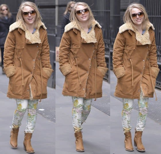 AnnaSophia Robb wears a heavy shearling coat over a pair of Paige Denim Verdugo skinny jeans