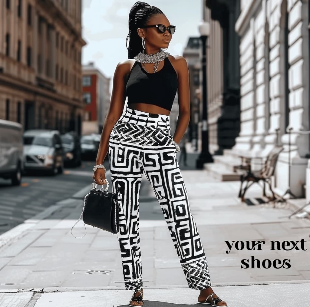 Turn heads in the city: Pair bold black and white geometric print trousers with a sleek crop top and statement accessories for a fashion-forward urban look