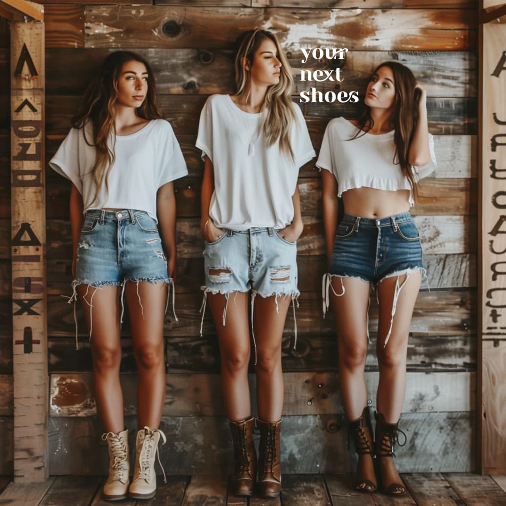 Three women showcase diverse spring break styles with denim shorts and white tops, each paired with unique footwear to complete their laid-back yet fashionable looks