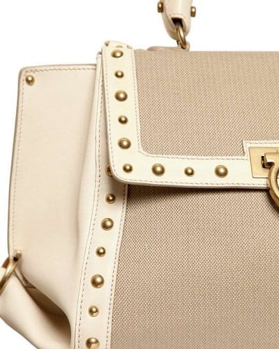 Salvatore Ferragamo Small Sofia Studded Leather and Canvas Satchel