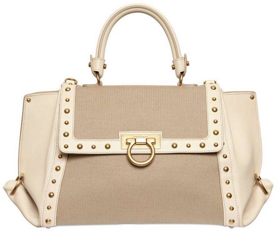 Salvatore Ferragamo Small Sofia Studded Leather and Canvas Satchel