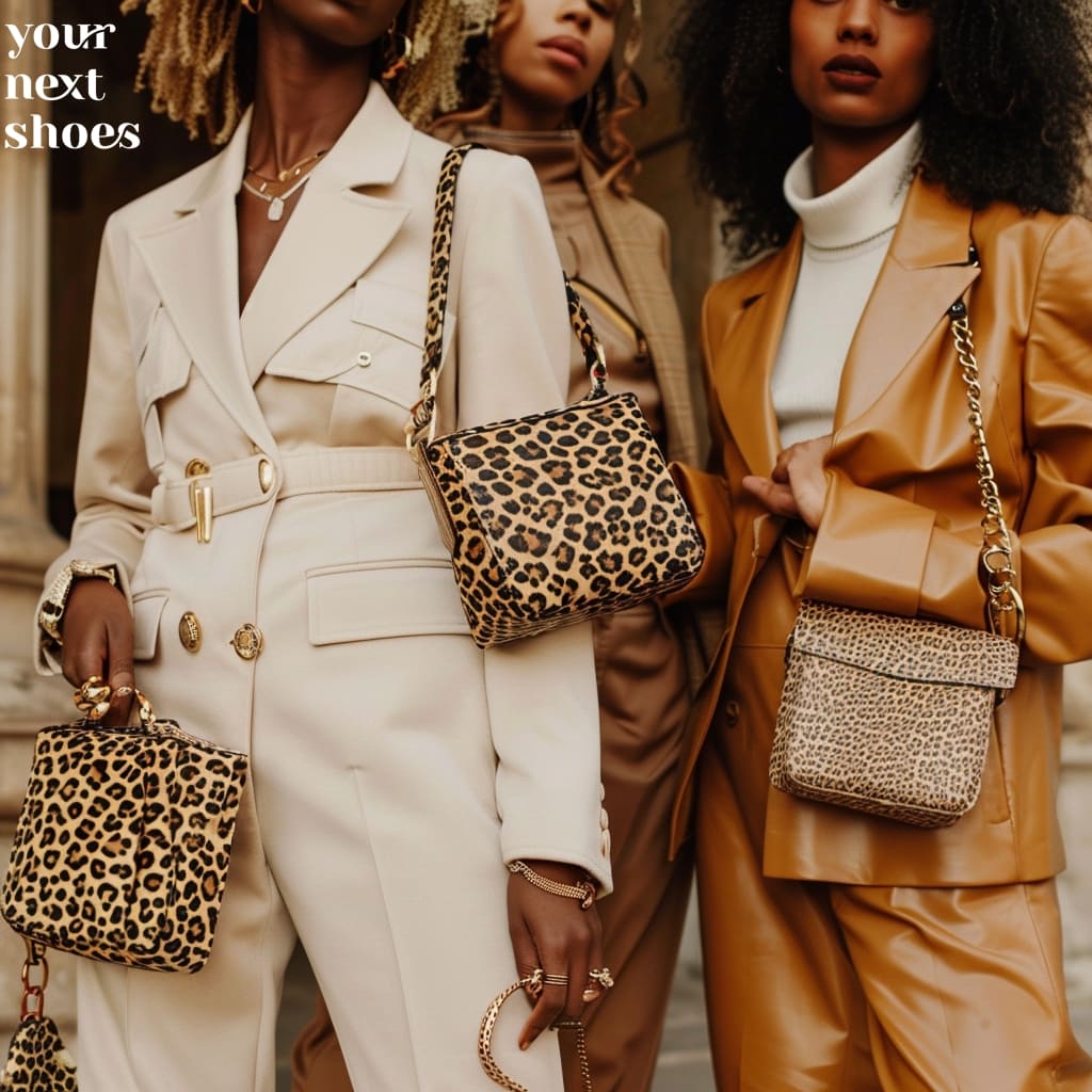 Elegant and bold, these leopard-print cross-body bags serve as statement accessories to complement the sophisticated monochrome ensembles of the fashion-forward trio