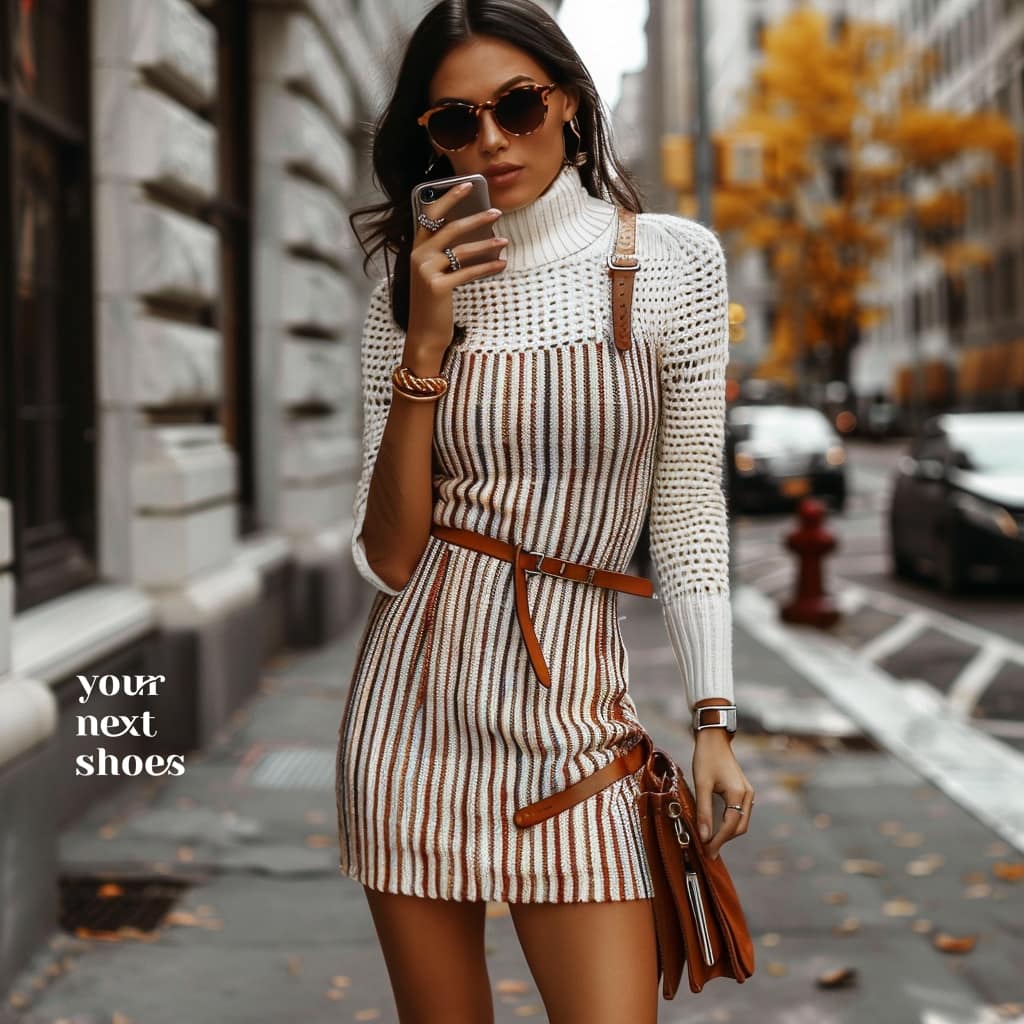 A woman pairs a form-fitting striped midi dress with a cozy white turtleneck knit, accented by a slim tan belt and matching handbag, creating an autumnal street-style look while checking her phone