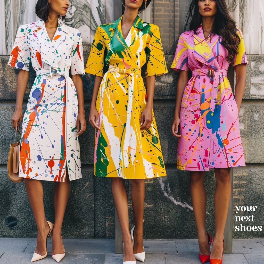 Three models showcase how to rock a vibrant belted dress with splatter paint patterns, each pairing their unique dress color with meticulously chosen footwear to elevate the bold look