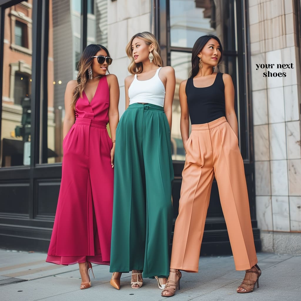 These fashion-forward individuals showcase the chic versatility of palazzo pants, perfectly pairing them with slimline tops for a sophisticated, urban ensemble