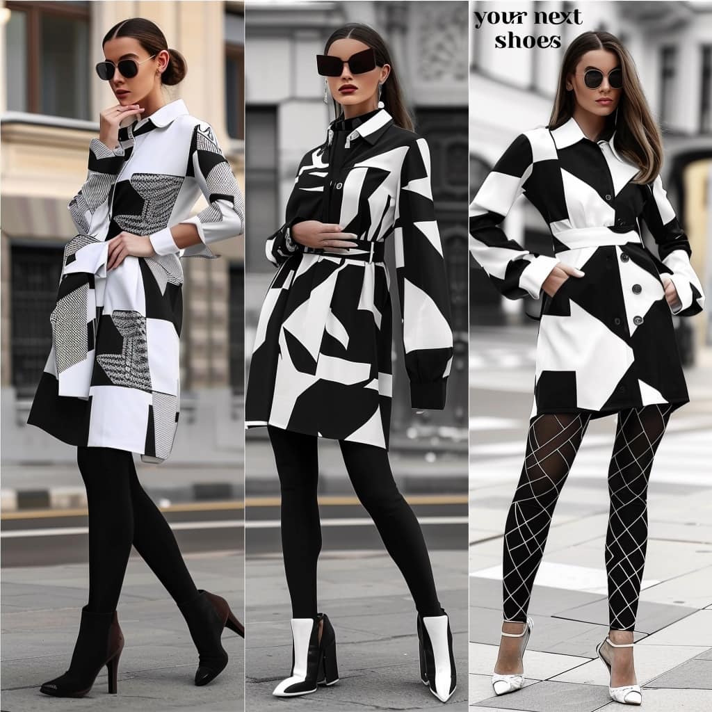 Showcasing the art of monochrome, these outfits feature bold, abstract black-and-white prints: the first is paired with sleek black ankle boots, the second with glossy black-and-white heels, and the third with classic pumps and eye-catching diamond-patterned tights for a blend of modern sophistication and edgy style