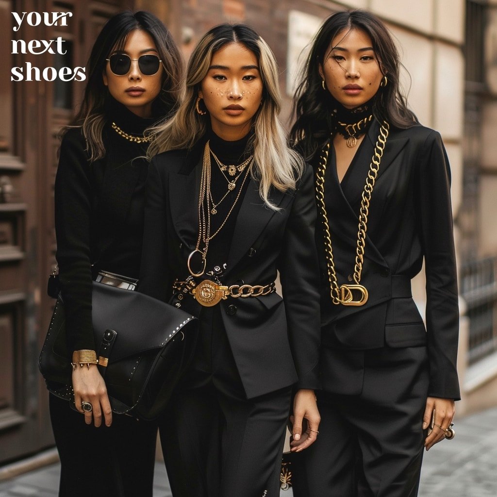 Exuding chic sophistication, three fashion-forward women make a statement on the city streets with chunky gold jewelry complementing their sleek all-black ensembles