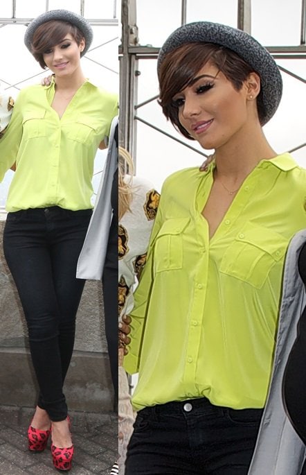 Frankie Sandford embraced the neon trend with a vibrant shirt and red leopard-print shoes