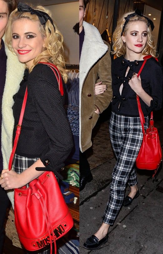 Pixie Lott's outfit included a textured woven jacket with bow-front details and button accents, paired with black cropped pants featuring a white tartan-check pattern