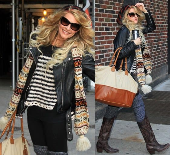 Elizabeth Cook combines a casual and edgy look with a striped sweater and a multicolored Fair Isle muffler