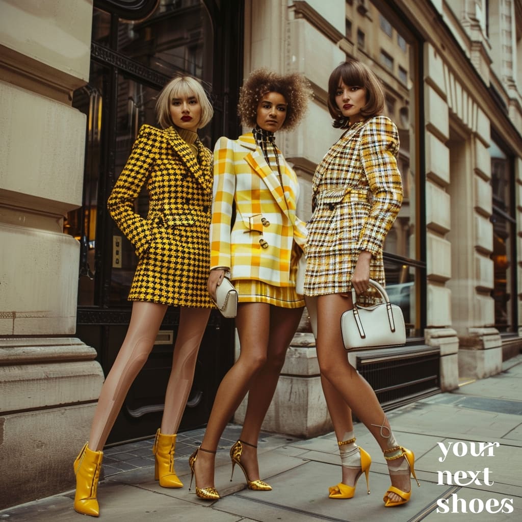 Triad of style: Models showcase how to pair yellow-and-white chequered jackets with matching high heels, delivering a bold yet polished street style statement