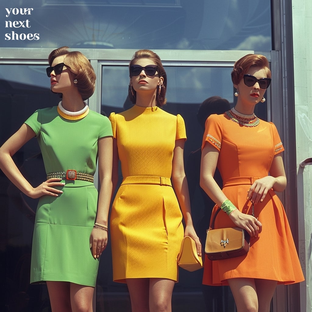 Embodying the essence of the 60s, three women radiate confidence in their bright, mod-inspired dresses, perfectly accessorized with statement jewelry and chic sunglasses, as they bask in the nostalgia of timeless fashion