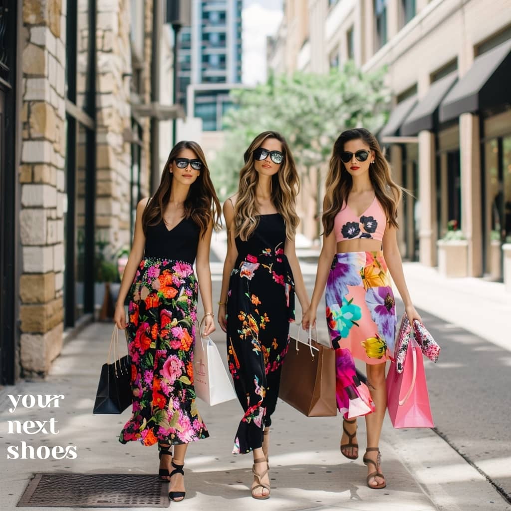 Three stylish friends on a shopping spree, showcasing vibrant floral summer fashion