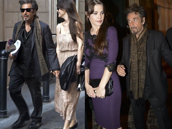 Joined by his girlfriend, the much younger Argentine actress Lucila Solá, Al Pacino shows how versatile his glossy brown scarf is by wearing it day and night