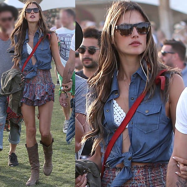 Alessandra Ambrosio's chic sleeveless chambray, tied at the waist, offers a masterclass in casual elegance at Coachella