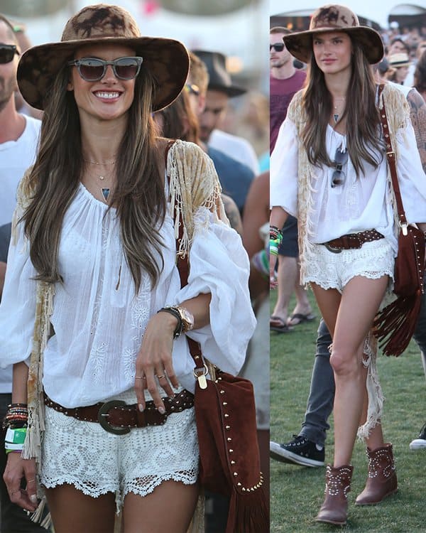 Alessandra Ambrosio was seen at Coachella on April 12, 2013, wearing Isabel Marant Caleen studded boots and carrying a Giuseppe Zanotti burnt brown suede shoulder bag