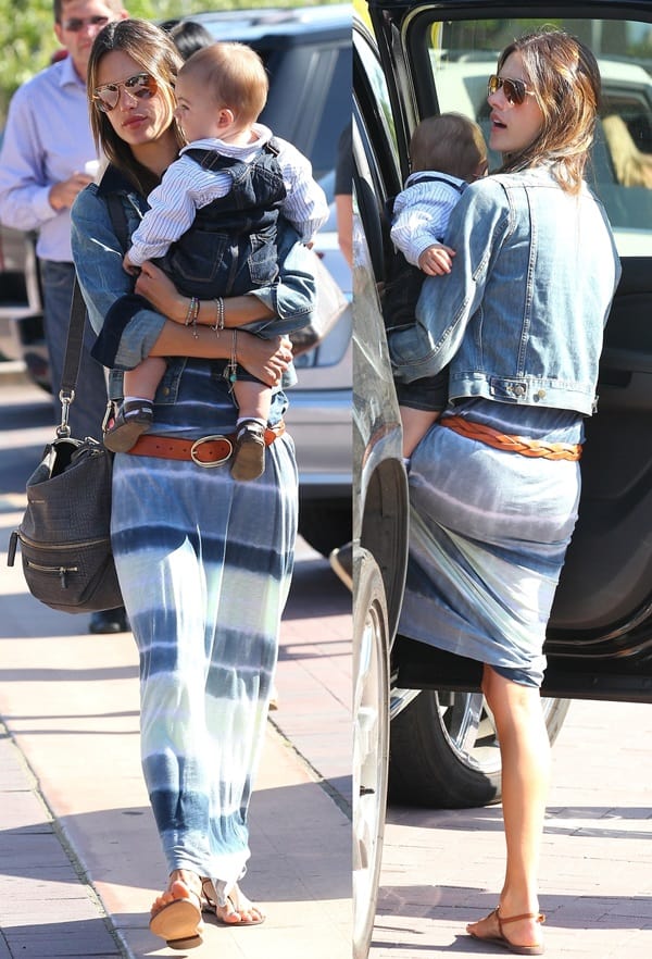 Alessandra Ambrosio in chic boho ensemble: Captured in Los Angeles on April 3, 2013, Alessandra Ambrosio radiates in a Lily Aldridge for Velvet maxi dress, complemented by Ray-Ban RB3025 aviator sunglasses, a Givenchy croc-stamped Pandora messenger, and Dolce Vita Archer sandals