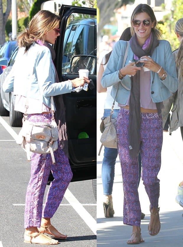 Alessandra Ambrosio was spotted at Cafe Luxxe in Santa Monica on April 19, 2013, stylishly outfitted in a Joe's Jeans Buenos Aires jacket in Isy, Ella Moss Dixon paisley crop pants, Sam Edelman Gigi sandals, accessorized with a Mulberry Mini Alexa bag, Thierry Lasry Attracty sunglasses, and a Rolex Oyster Perpetual Day-Date watch