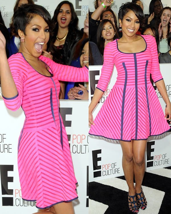 Elegance in Pink: Alicia Quarles showcases a flirty Nanette Lepore dress at the E! Upfront, 2013