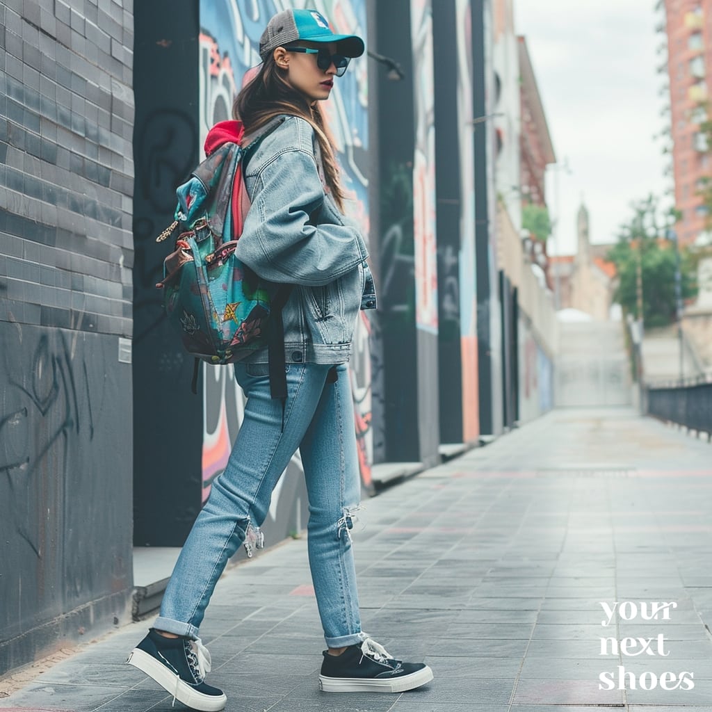 A modern urbanite rocks a vintage-inspired denim jacket, distressed skinny jeans, and black platform sneakers, complemented by a colorful printed backpack and a casual visor cap