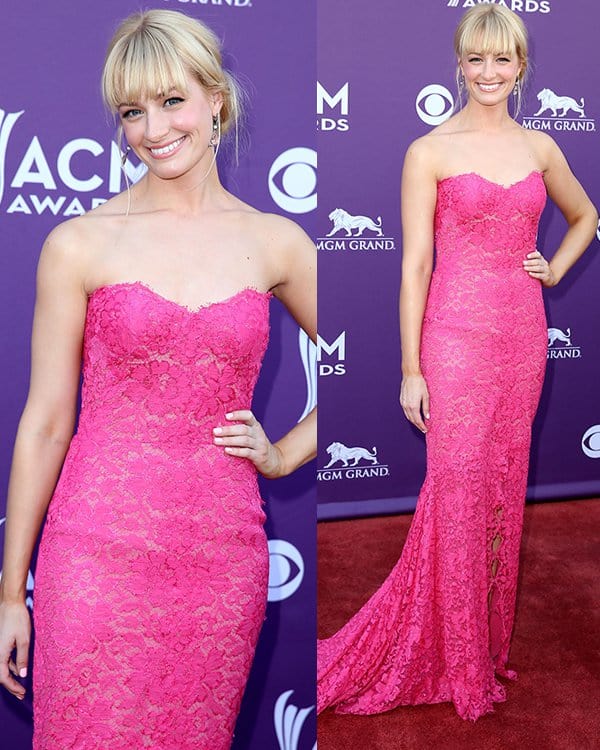 Beth Behrs stuns in a Monique Lhuillier Resort 2013 gown at the 2013 ACM Awards, epitomizing grace and fashion-forward elegance on April 7, 2013