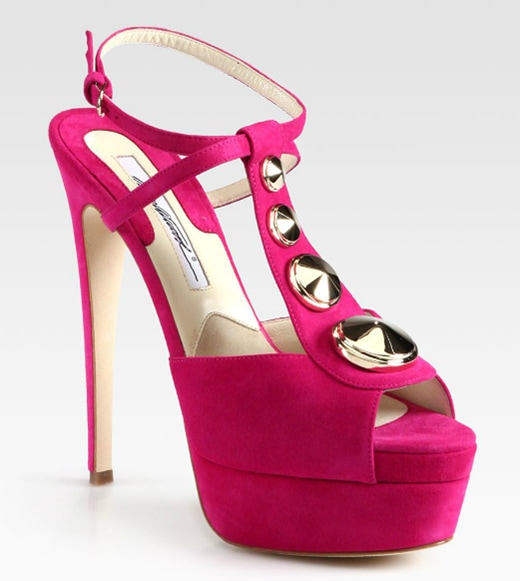 Brian Atwood Clizia Suede & Leather T-Strap Platform Sandals in Fuchsia