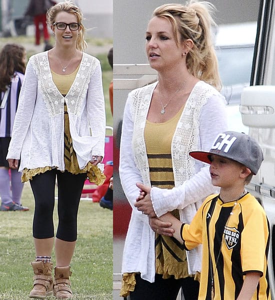 Britney Spears showcases a mustard Free People slip dress while attending her children's soccer game, embracing a casual yet chic soccer mom vibe