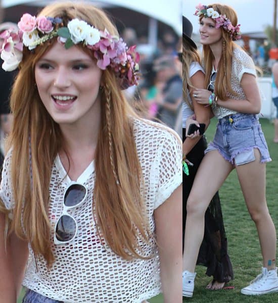 ella embraced a flower child vibe in her ensemble, highlighted by a decorative floral headpiece at the 2013 Coachella Valley Music and Arts Festival