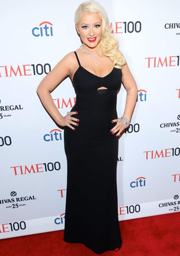 Singer Christina Aguilera wearing a Victoria Beckham dress, Christian Louboutin shoes, and Lorraine Schwartz jewelry at the TIME 100 Gala celebrating the ‘100 Most Influential People in the World’ at Jazz at Lincoln Center