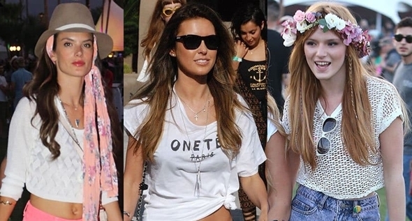 Kristen Stewart's repetitive knotted t-shirt and short shorts combo fails to inspire amid the vibrant Coachella fashion scene