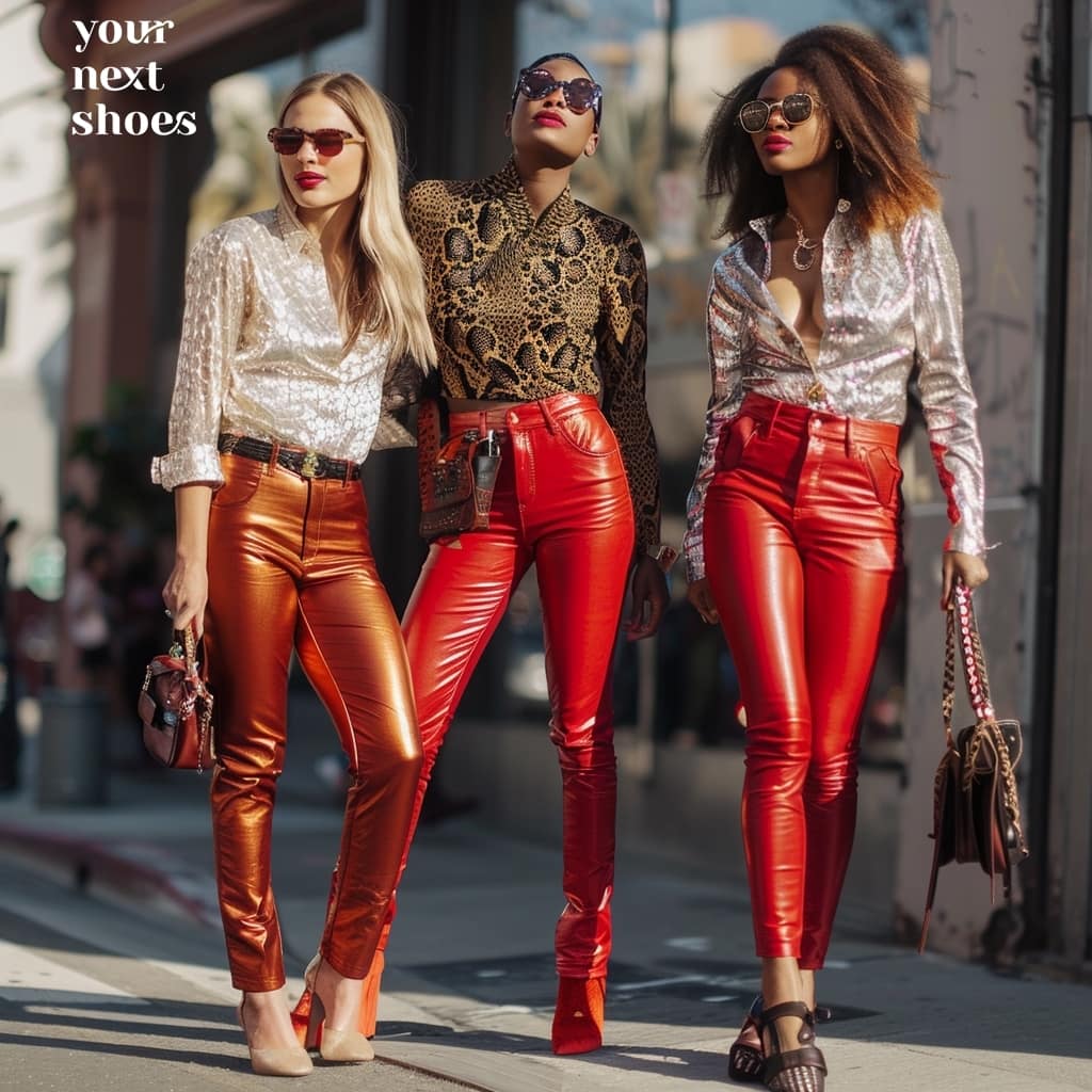Three fashion-forward women strut down the street, turning heads with their glossy red and copper pants, complemented by chic snakeskin tops and trendy sunglasses