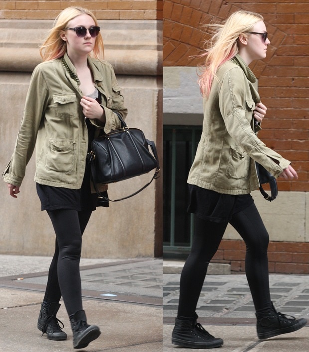 Dakota Fanning styled her studded army jacket with a Louis Vuitton Sofia Coppola bag and Converse All Star Core Hi Black Monochrome shoes