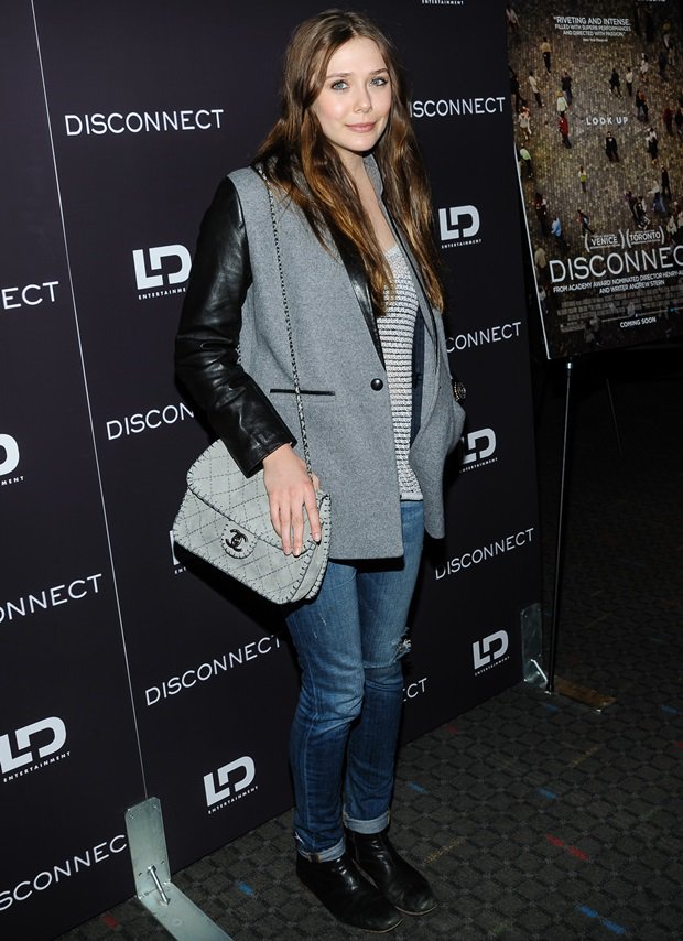 Elizabeth Olsen rocks slim denim pants, ankle boots, a Chanel shoulder bag, and a wool jacket